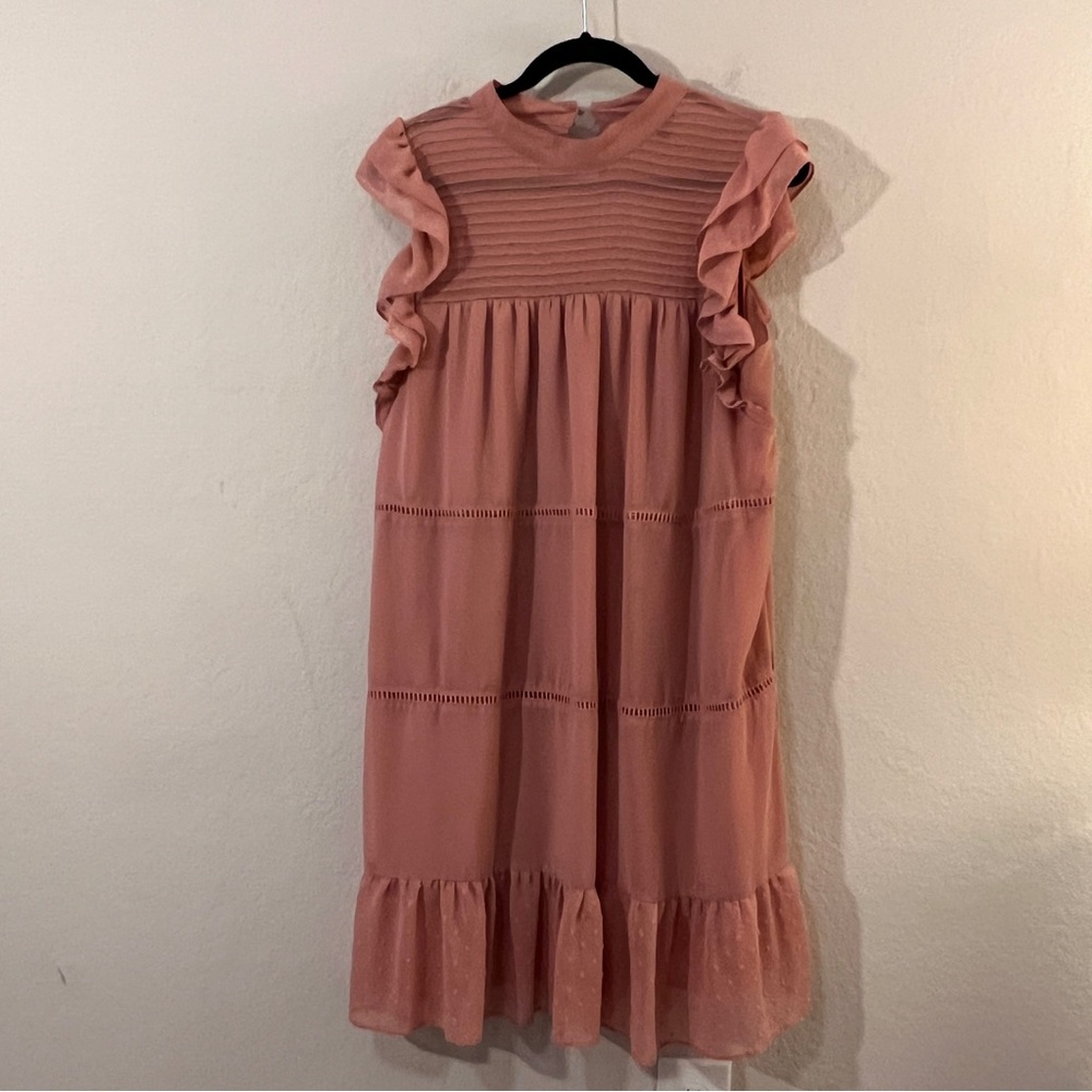 Who What Wear Pink Ruffle Sleeve Tiered Mini Dress XL Lined Crochet Detail